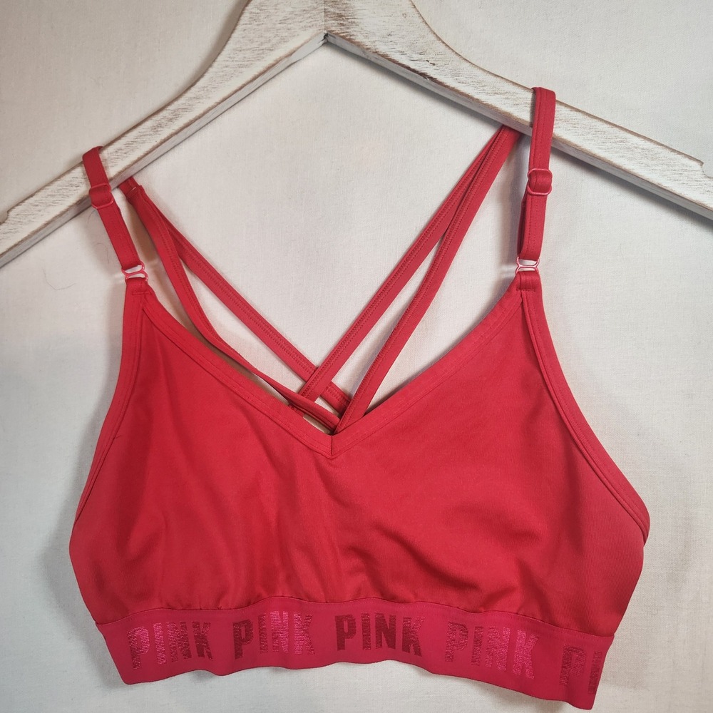 Victoria's Secret PINK Red Strappy Cross Back Sports Bra V-Neck Logo Band